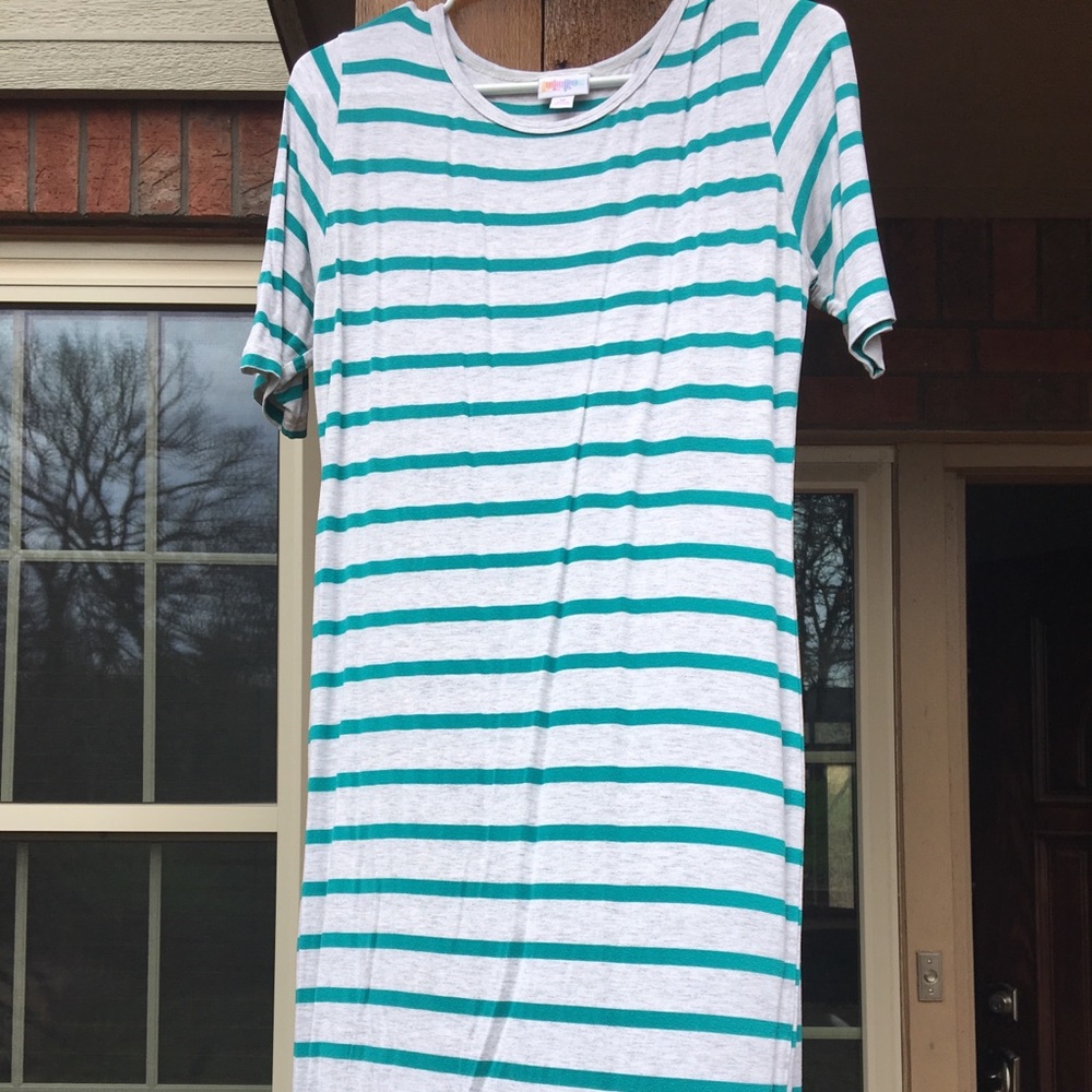 LuLaRoe M Julia fitted dress teal stripes